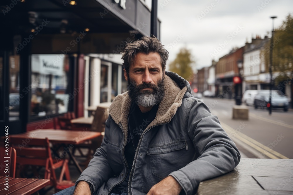 Handsome bearded hipster man with long beard and moustache, wearing a blue jacket, sitting in an outdoor cafe on a rainy day