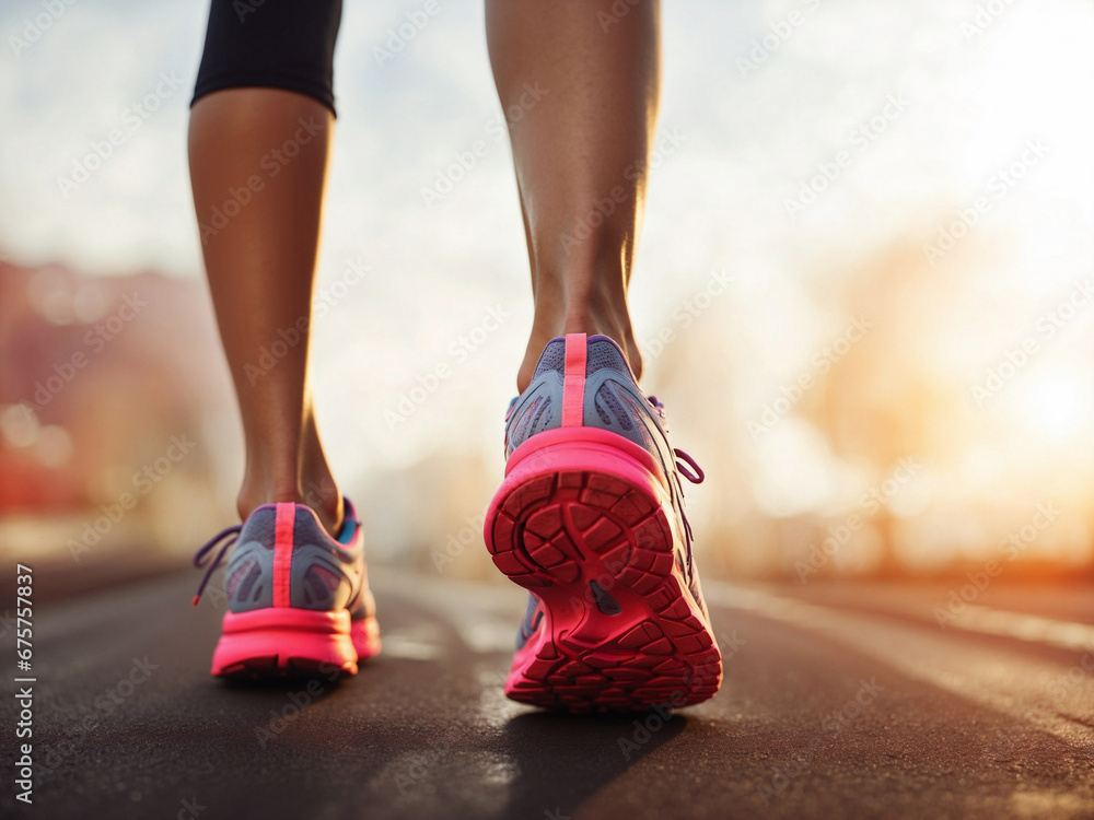 close-up feet of a runner woman. woman ready to run. sunrise 