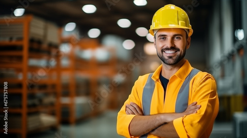 A men with safety yellow helmet smile to the camera at the logistic workplace