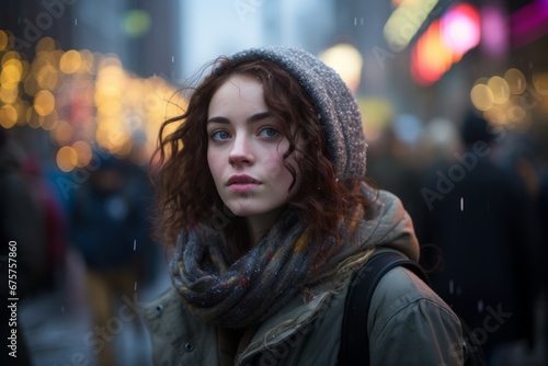 portrait of a beautiful girl in the rain on the background of the city © Nerea