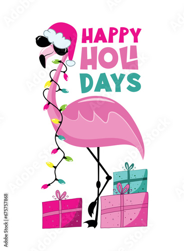 Happy Holidays -flamingo in Santa hat and with Christmas lights, and Christmas presents. Good for greeting card, T shirt print, poster, card, label and other decoration.