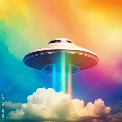 humongous spaceship floating in the sky, surrounded by clouds and rainbow shining photo