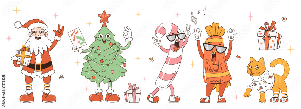 Christmas and New Year stickers. Santa Claus, gifts, Christmas tree, dancing sweet candies, funny cat in trendy groovy retro cartoon style. Set of stickers with cartoon characters . Vector