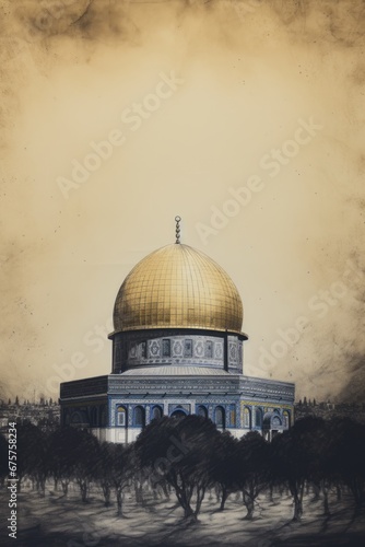 The Dome of the Rock in Jerusalem background illustration. beautiful picture Vintage painting sketch