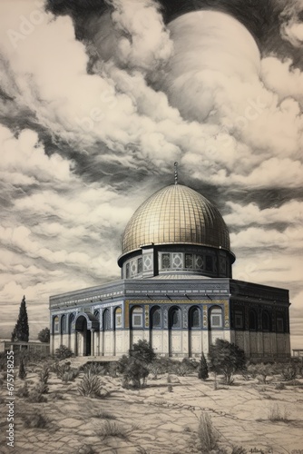 The Dome of the Rock in Jerusalem background illustration. beautiful picture Vintage painting sketch