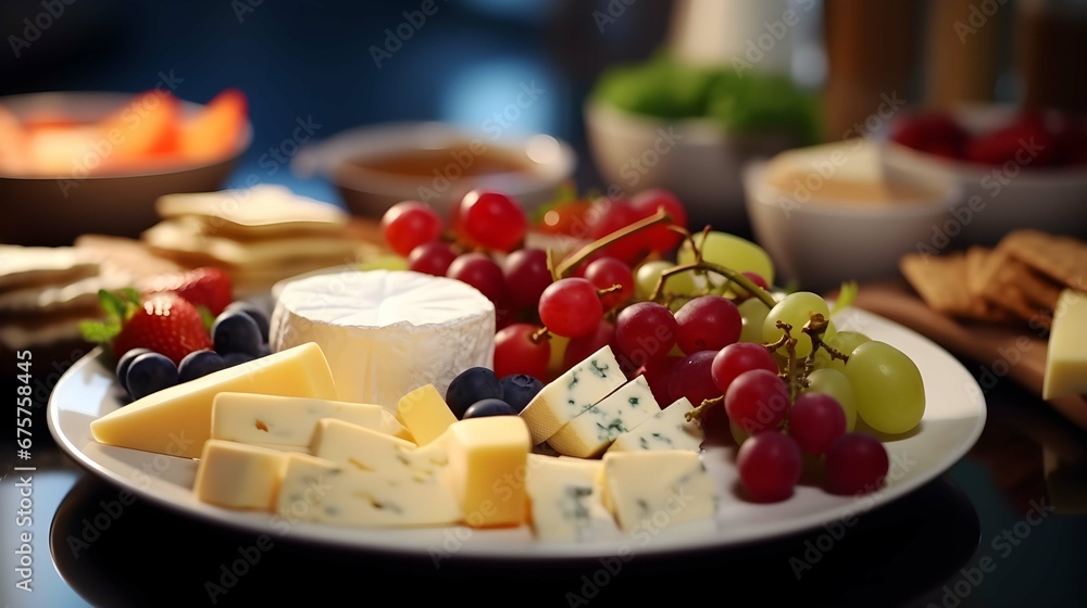 A plate with a cheese and fruit snack. - obrazy, fototapety, plakaty 