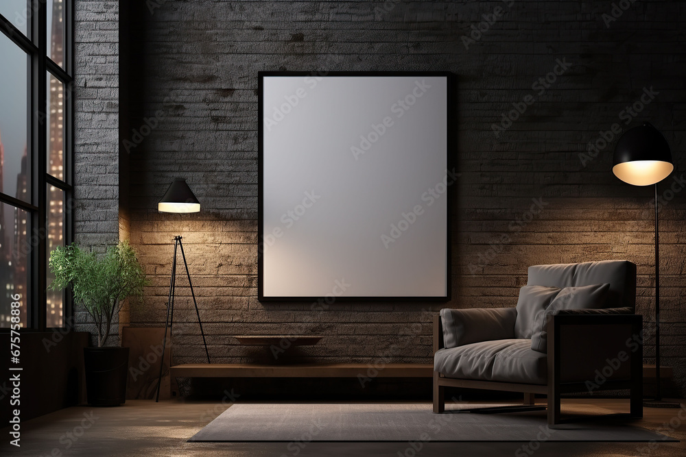 Modern living room interior with dark walls Concrete floor and poster frame mockup Modern living room interior with dark walls Concrete floor and poster frame mockup