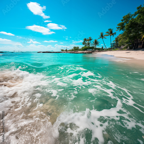 Tropical beach with clear blue water and white sand.