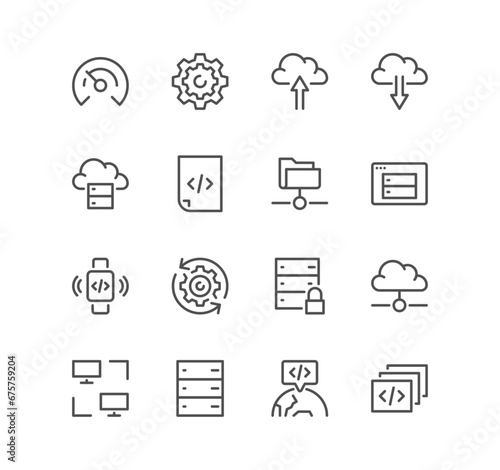 Set of hosting and web graphics related icons, cloud, data exchange, security, networking, infrastructure, database and linear variety vectors.