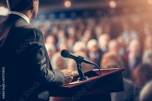 a compelling visual representation of a political leader close-up giving an inspiring and unifying speech to a diverse audience, capturing the essence of leadership