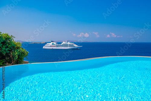 Pool view with cruise at Mykonos Island, Greece