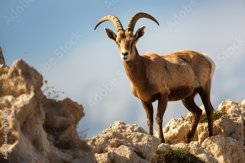a goat standing on rocks