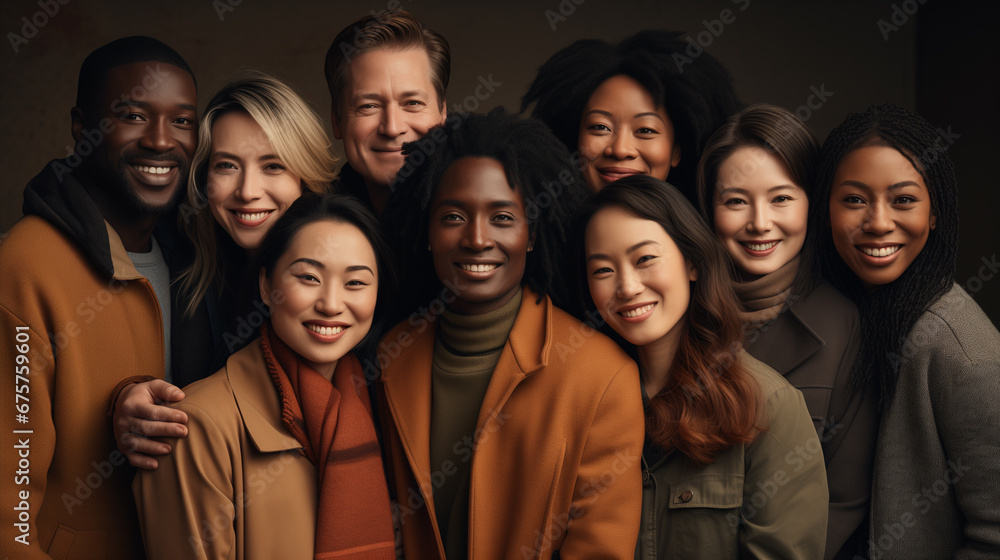 Unity of races and social classes. Multiracial group of people with black African-American Caucasian and Asian people . smiling together. Unity of races and social classes. Multiracial group of people with black African-American Caucasian and Asian people . smiling together.