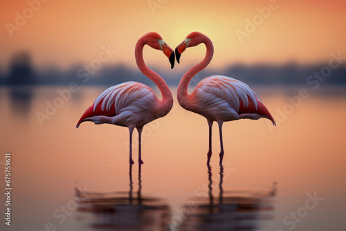 two pink flamingos in the water with hearts in the water