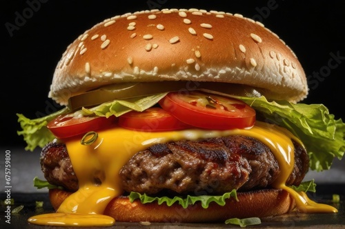Fresh beef burger on black background. Big tasty cheeseburger close-up