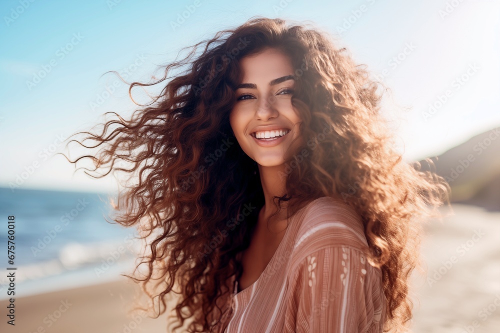 mixed race woman with long curly hair relax and posing on beach at sunny day outdoor