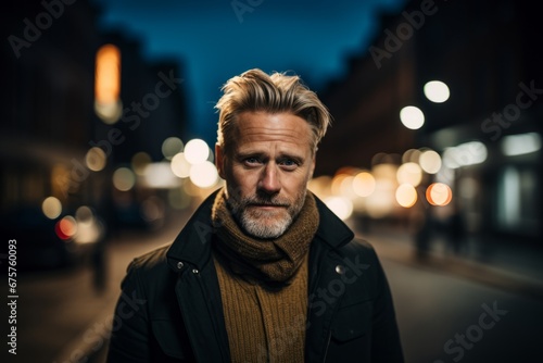 Portrait of a handsome middle-aged man in the city at night.