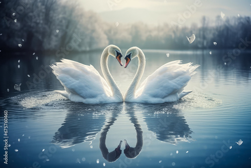 artistic portrayal of a serene lake with two elegant swans gracefully gliding on the water, creating heart-shaped ripples
