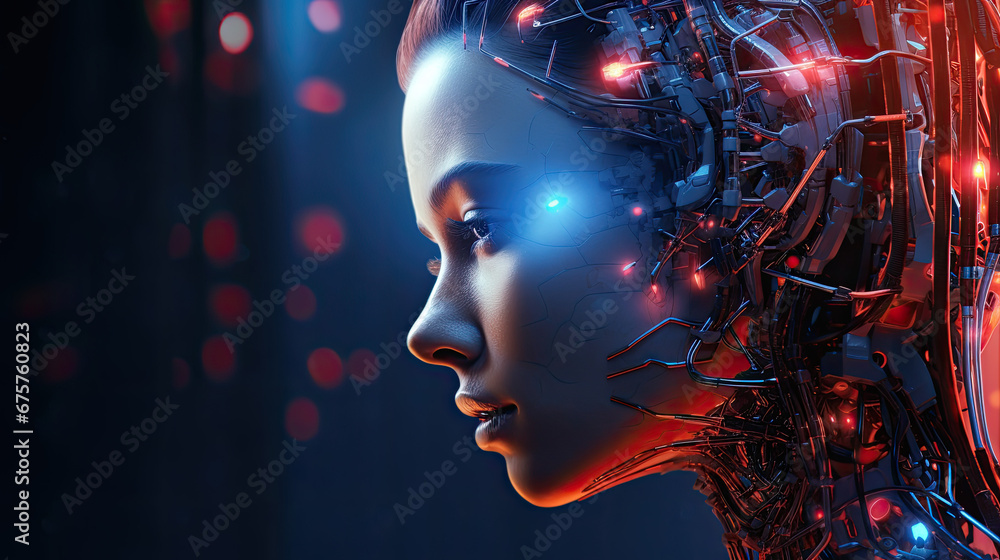 Futuristic Humanoid Head: Red and Blue Eyes with Neon Neural Network Futuristic Humanoid Head: Red and Blue Eyes with Neon Neural Network