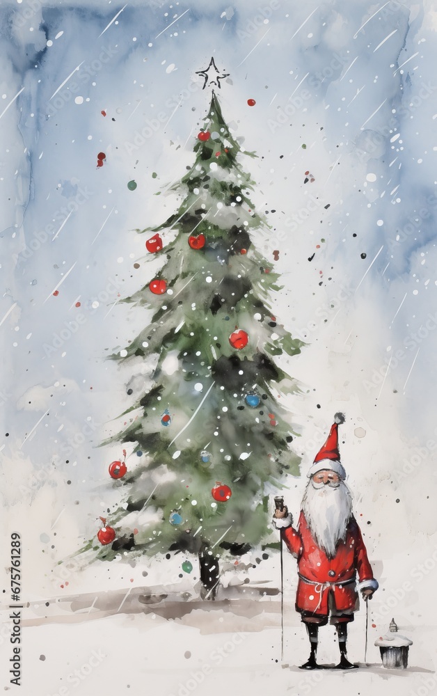 watercolor painting of Santa Claus in front of a Christmas tree watercolor painting of Santa Claus in front of a Christmas tree