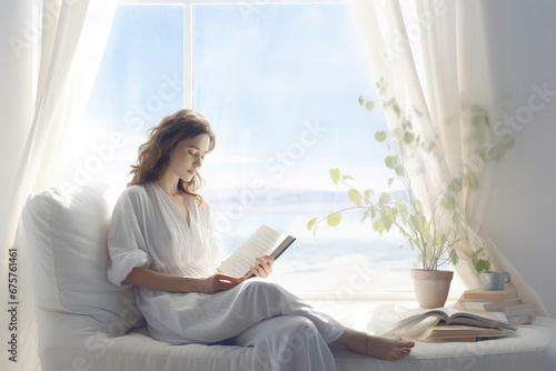 A woman comfortably seated with a book, by a window,  relaxation