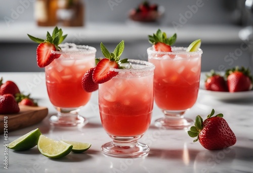 Strawberry margaritas in three glasses on a white countertop