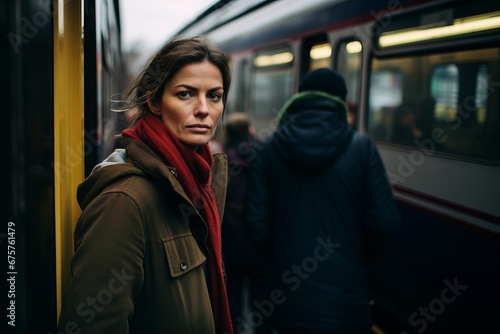 Portrait of a beautiful woman on the train station. Girl waiting for the train.