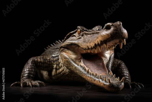 A crocodile full body showing jaws isolate on white background.