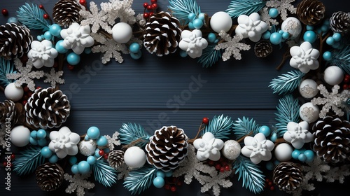 a garland of white and blue ornaments and snowflakes