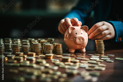 A child puts coins into a little pig's piggy bank. and surrounded by coins, savings Learn about saving money and investing, concepts of saving money, investing, building a life, economy, genarative AI photo
