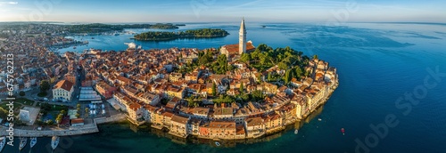 Drone image of the historic Croatian coastal town of Rovinj during sunrise