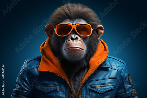 Cool Monkey with Orange Sunglasses and Blue Leather Jacket photo