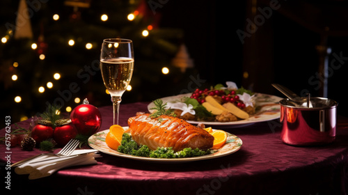 クリスマスの装飾が施されたテーブルで供されるクリスマス料理GenerativeAI