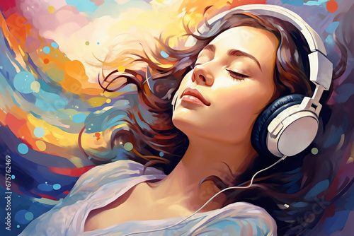 Relaxing with Music, A woman with headphones or playing a musical instrument, emphasizing the soothing and therapeutic effects of music on the mind and bod photo