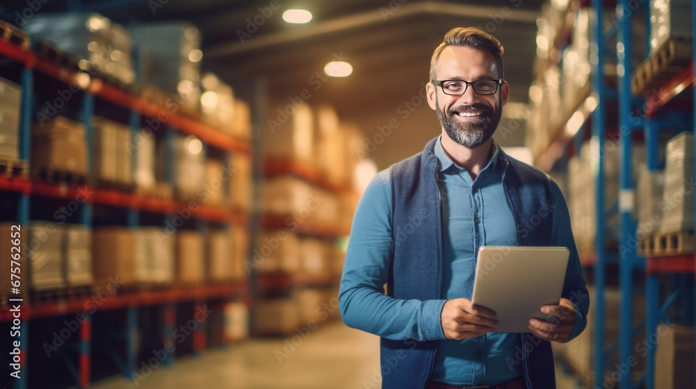 A happy salesman stand holding tablet in large warehouse. A happy salesman stand holding tablet in large warehouse.