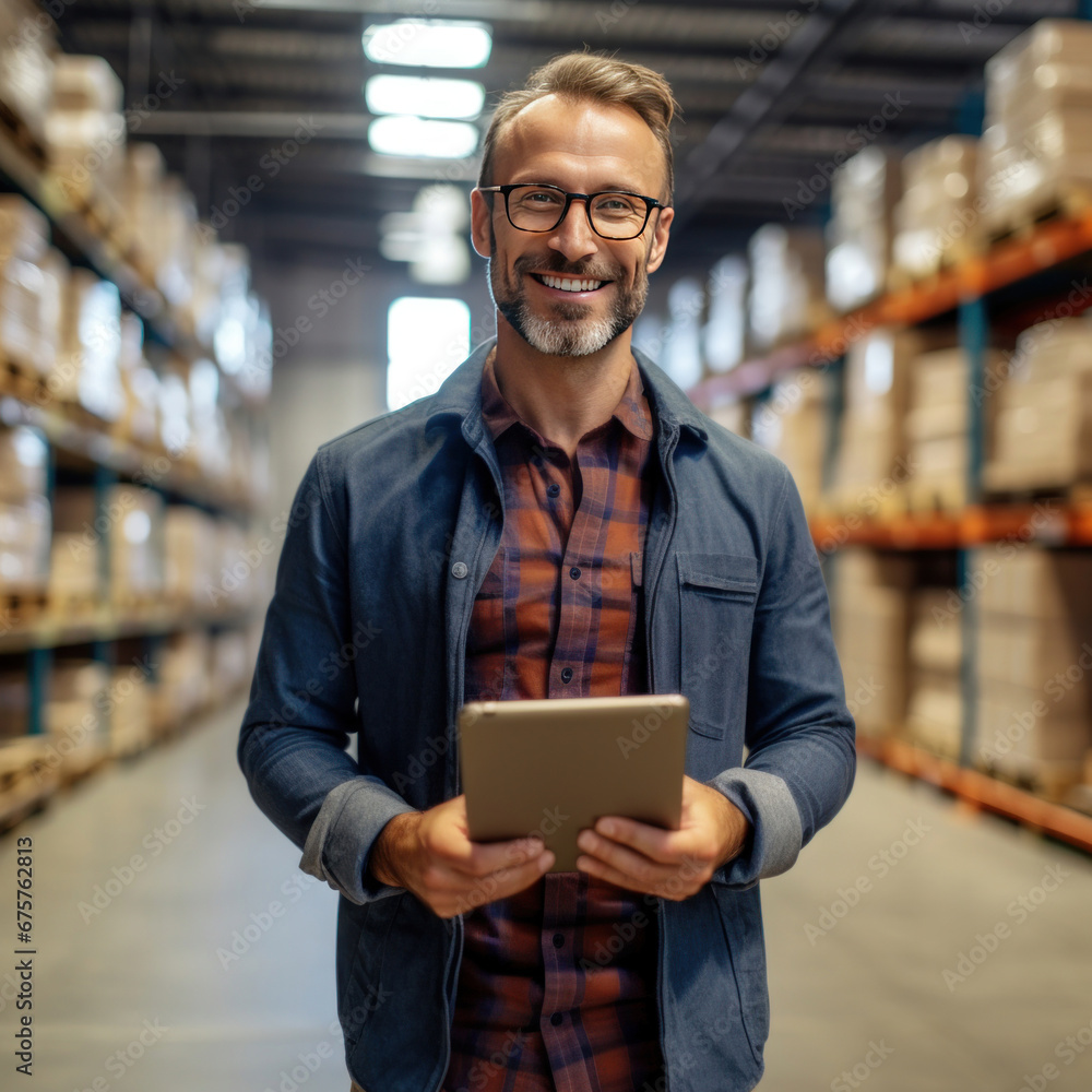 Fototapeta premium A happy salesman stand holding tablet in large warehouse.