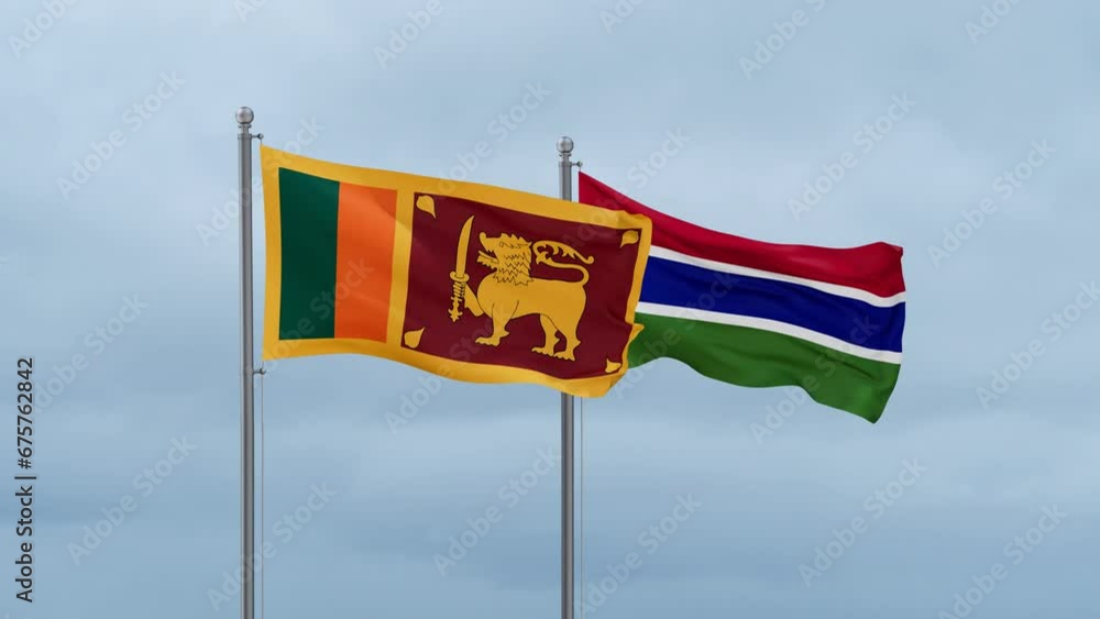 Gambia flag and Sri Lanka flag waving together on cloudy sky, endless seamless loop, two country relations concept Gambia flag and Sri Lanka flag waving together on cloudy sky, endless seamless loop, two country relations concept