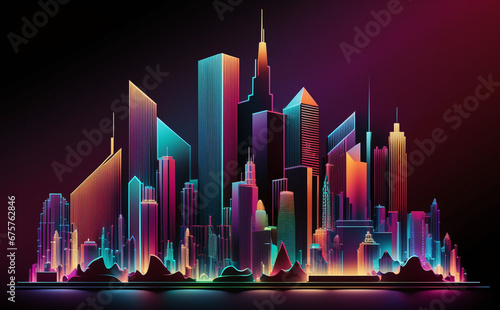 Futuristic Chicago Cityscape  Neon Lights  abstract city skyline