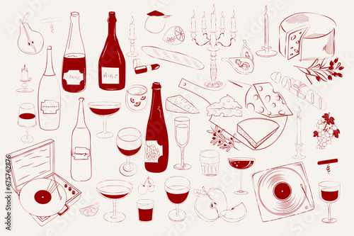 Сollection of cheese and wine illustration in sketch style. Editable vector illustration.
