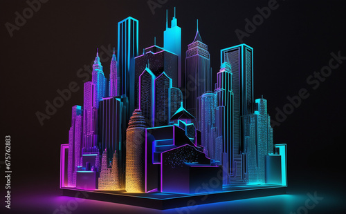 Futuristic Chicago Cityscape  Neon Lights  city in the night