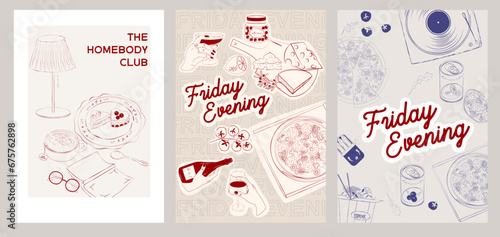 Collection of Retro posters. Friday evening dinner posters.  Food Poster template. Interior posters set. Inspiration posters. Editable vector illustration.