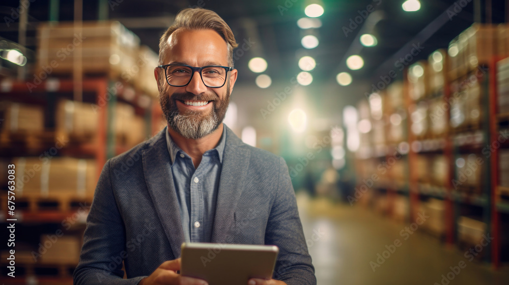 Fototapeta premium A happy salesman stand holding tablet in large warehouse.