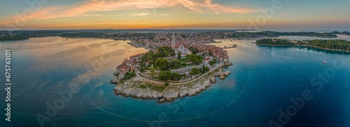 Drone image of the historic Croatian coastal town of Rovinj during sunrise