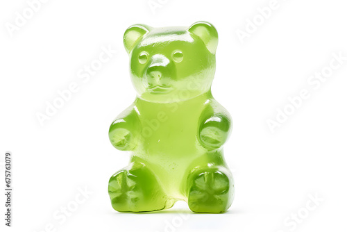 Green jelly bear fruit gum candy on white background. photo