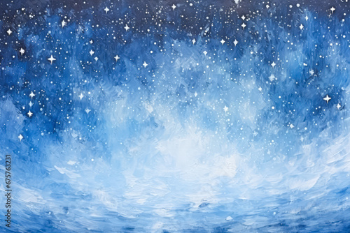 Canvas oil painting. Tranquil winter night. Starry sky and dreamy brushwork