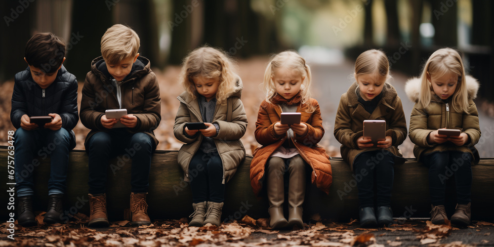 Technology danger and warning. Unhappy group of hypnotized kids who are bored, looking at their mobile or tablet device. Socializing and playing today on child playgrounds. Kids emotional isolation - obrazy, fototapety, plakaty 