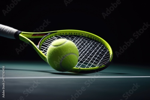 Tennis balls and rockets on tennis court. AI Generated © dark_blade
