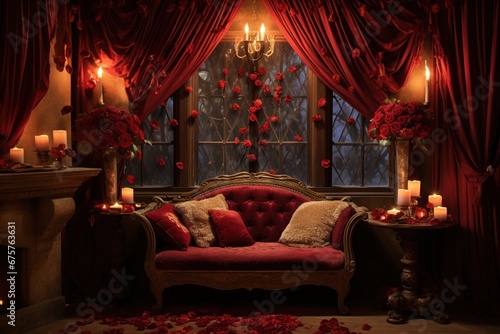 Romantic room interior with pink curtains and red hearts. Valentine's day concept.