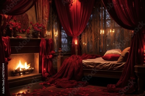 Romantic room interior with pink curtains and red hearts. Valentine's day concept.