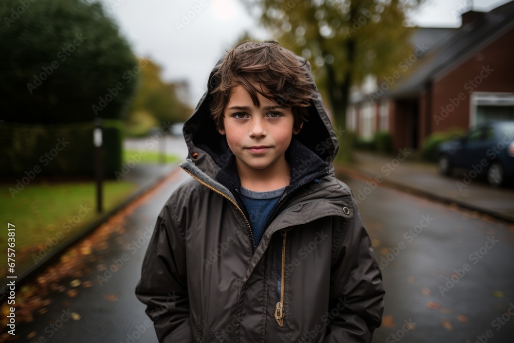 A portrait of a boy in a raincoat in the street. A portrait of a boy in a raincoat in the street.